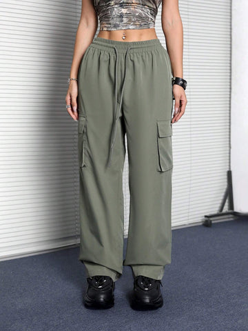 Coolane Oolane Street Style Casual Drawstring Waist Flap Pocket Cargo Pants