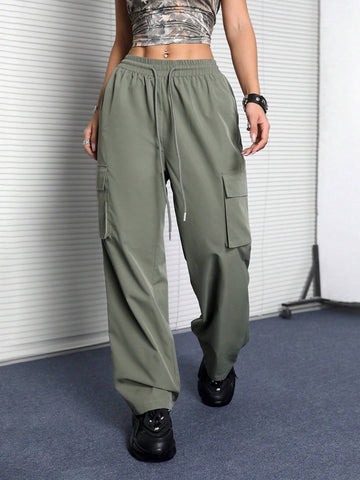 Coolane Oolane Street Style Casual Drawstring Waist Flap Pocket Cargo Pants