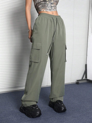 Coolane Oolane Street Style Casual Drawstring Waist Flap Pocket Cargo Pants