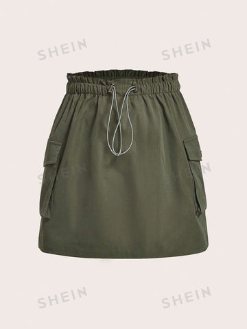 Coolane Paperbag Waist Flap Pocket Side Drawstring Cargo Skirt