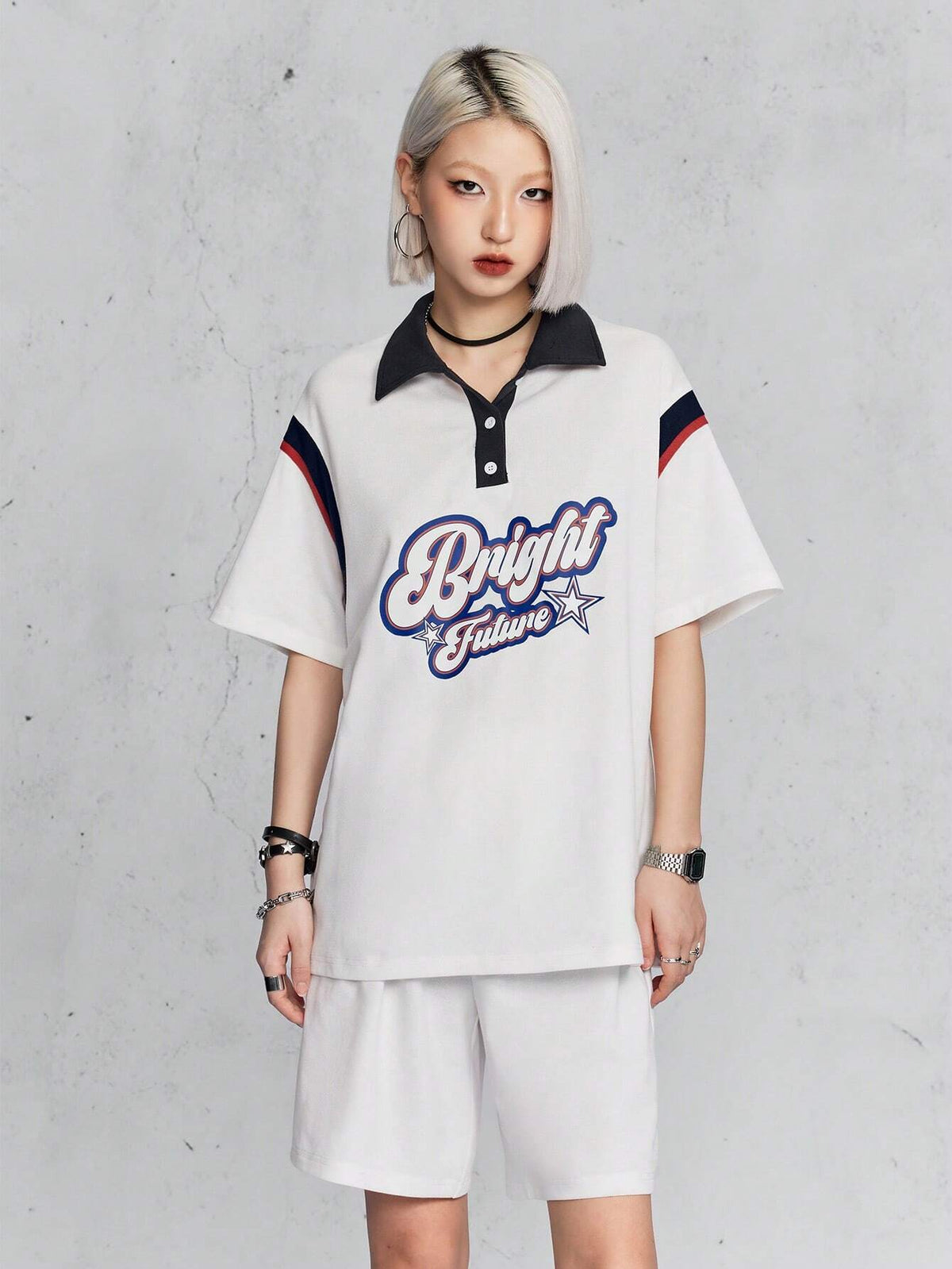 Polo Collar Contrast Color Street-Style Fashionable Playful Alphabet Print Top And Shorts Set