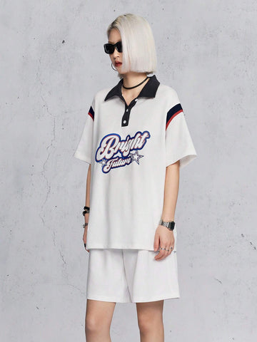 Polo Collar Contrast Color Street-Style Fashionable Playful Alphabet Print Top And Shorts Set