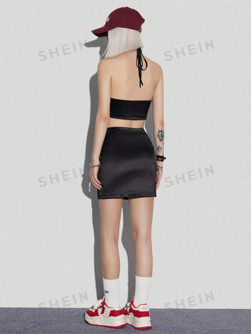 Printed Satin Cool Girl Style Halter Top With Short Skirt Set