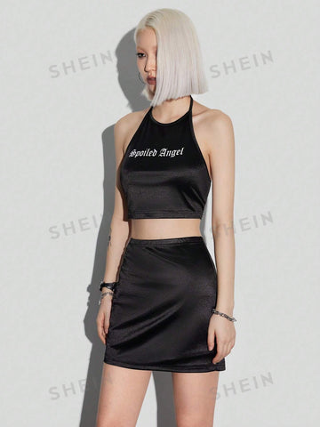 Printed Satin Cool Girl Style Halter Top With Short Skirt Set