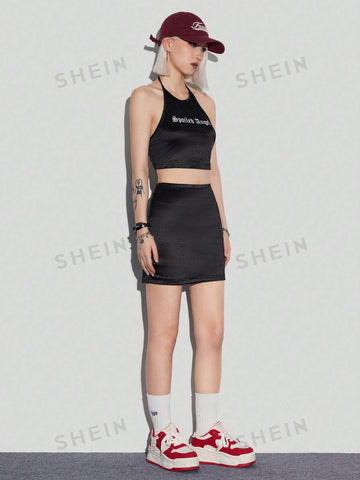 Printed Satin Cool Girl Style Halter Top With Short Skirt Set