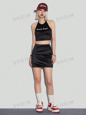 Printed Satin Cool Girl Style Halter Top With Short Skirt Set