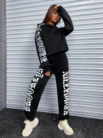 Reflective Letter Graphic Hoodie & Sweatpants