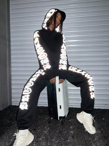 Reflective Letter Graphic Hoodie & Sweatpants
