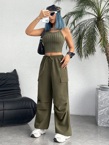 Ribbed Fabric Vest & Cargo Pants