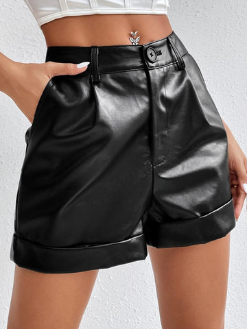 Coolane Roll Up Hem Slant Pockets PU Leather Shorts