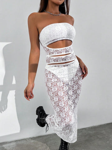 Sexy Lace Halter Neck Hollow Out Bodycon Dress