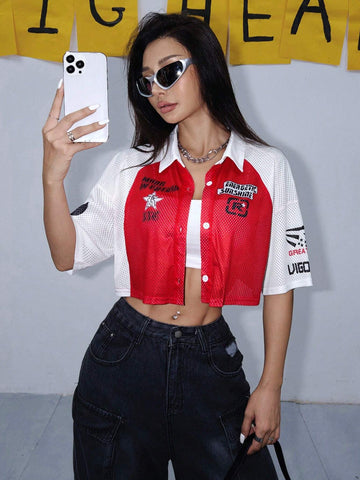 Coolane Short-Length Color Block Printed Sports Motorcycle Mesh Button-Up Shirt