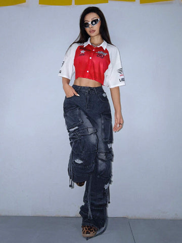 Coolane Short-Length Color Block Printed Sports Motorcycle Mesh Button-Up Shirt