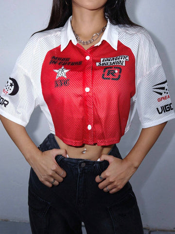 Coolane Short-Length Color Block Printed Sports Motorcycle Mesh Button-Up Shirt