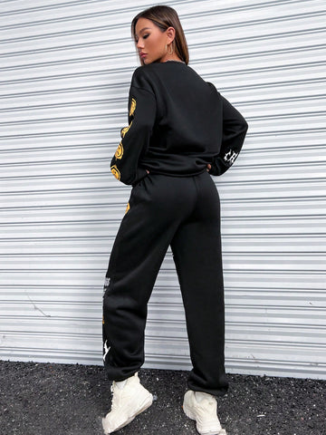 Slogan Graphic Drop Shoulder Sweatshirt & Sweatpants