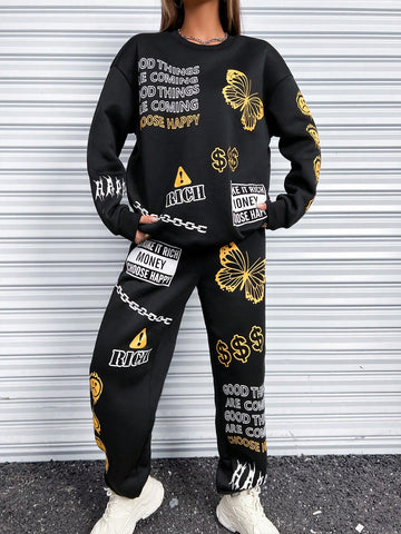 Slogan Graphic Drop Shoulder Sweatshirt & Sweatpants