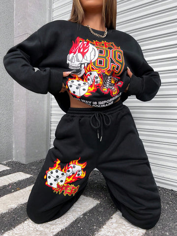 Slogan Graphic Drop Shoulder Sweatshirt & Sweatpants