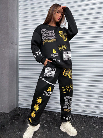 Slogan Graphic Drop Shoulder Sweatshirt & Sweatpants