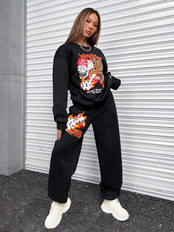 Slogan Graphic Drop Shoulder Sweatshirt & Sweatpants