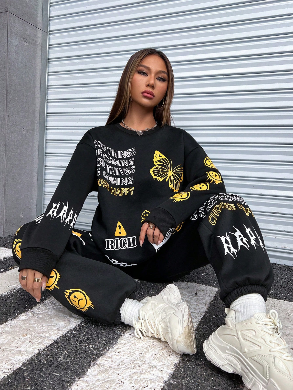Slogan Graphic Drop Shoulder Sweatshirt & Sweatpants