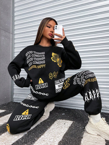 Slogan Graphic Drop Shoulder Sweatshirt & Sweatpants