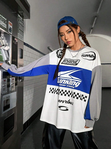 Coolane Slogan Graphic Racing Print Drop Shoulder Oversized Tee
