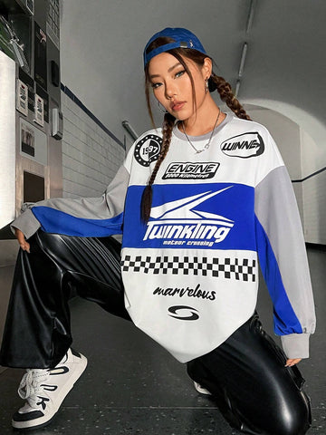 Coolane Slogan Graphic Racing Print Drop Shoulder Oversized Tee