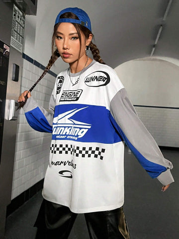 Coolane Slogan Graphic Racing Print Drop Shoulder Oversized Tee