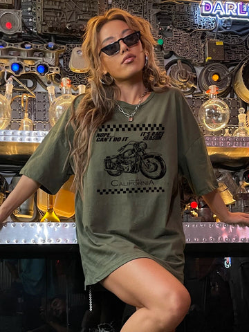 Slogan & Motorcycle Print Drop Shoulder Tee