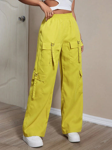Coolane Solid Color Elastic Waist Belt With Pocket Low-Waist Cargo Pants