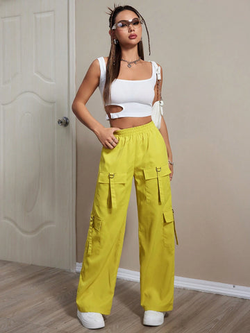 Coolane Solid Color Elastic Waist Belt With Pocket Low-Waist Cargo Pants