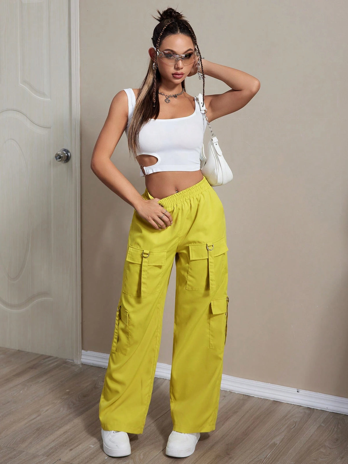 Coolane Solid Color Elastic Waist Belt With Pocket Low-Waist Cargo Pants