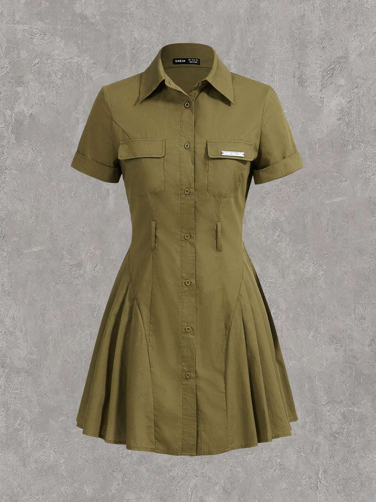 Solid Color Pleated Patchwork Workwear Shirt Dress