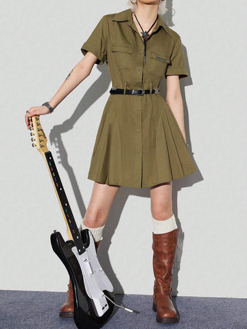 Solid Color Pleated Patchwork Workwear Shirt Dress