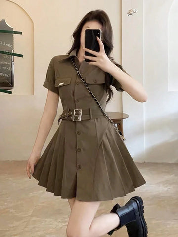 Solid Color Pleated Patchwork Workwear Shirt Dress