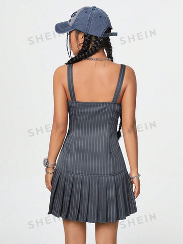 Striped Suit Style Workwear Accordion Pleat Dress