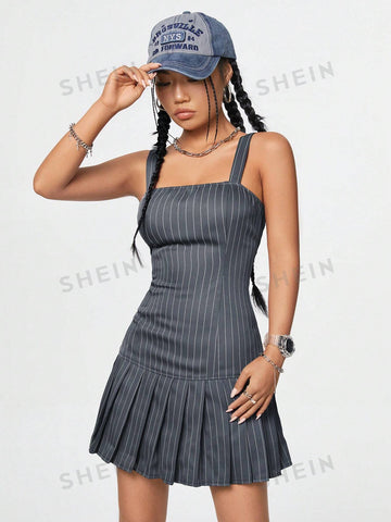 Striped Suit Style Workwear Accordion Pleat Dress