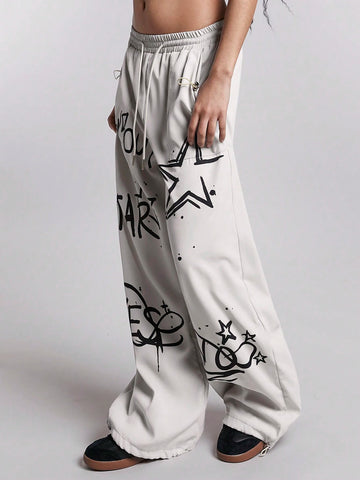 Coolane Summer Street Style Women's Star Graffiti Printed Wide Leg Pants Loose Fit Trousers