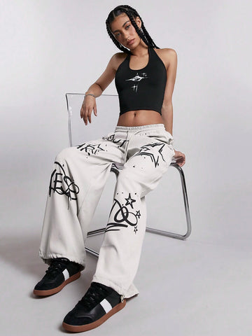 Coolane Summer Street Style Women's Star Graffiti Printed Wide Leg Pants Loose Fit Trousers
