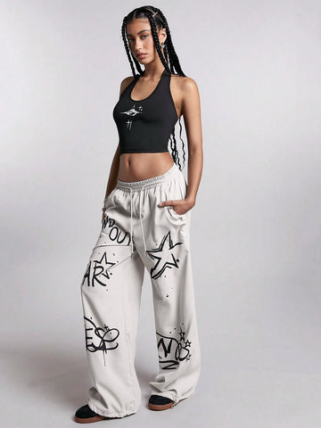 Coolane Summer Street Style Women's Star Graffiti Printed Wide Leg Pants Loose Fit Trousers
