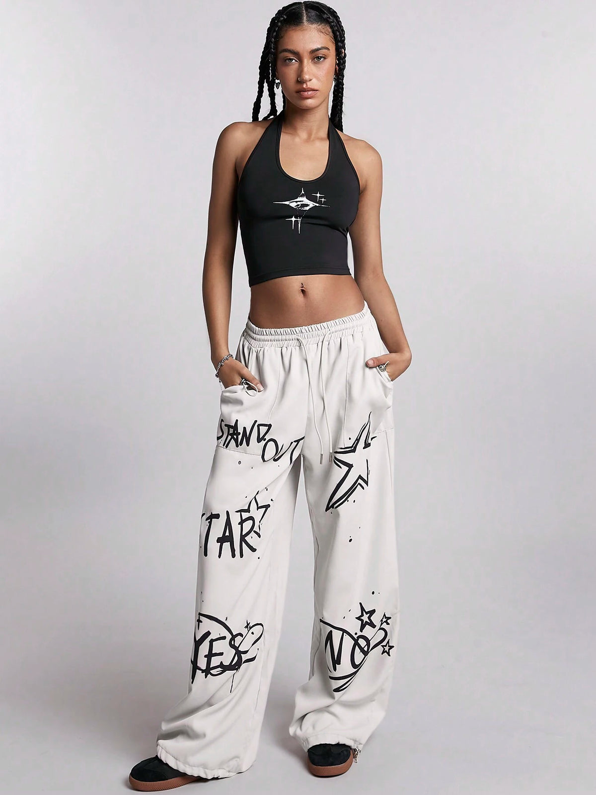 Coolane Summer Street Style Women's Star Graffiti Printed Wide Leg Pants Loose Fit Trousers