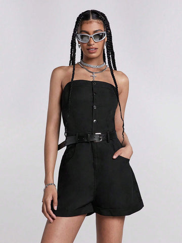 Summer Women's Short Style Workwear Jumpsuit With Strapless Design