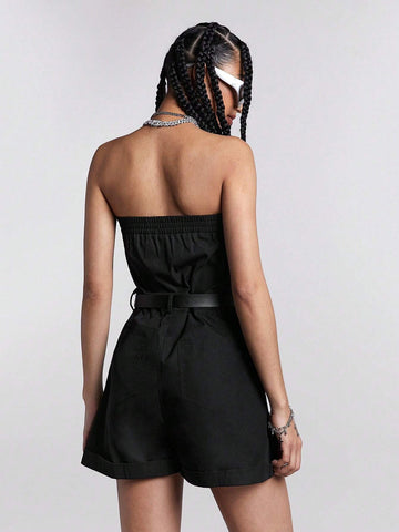 Summer Women's Short Style Workwear Jumpsuit With Strapless Design