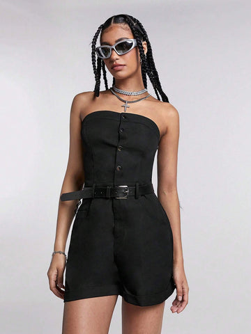 Summer Women's Short Style Workwear Jumpsuit With Strapless Design