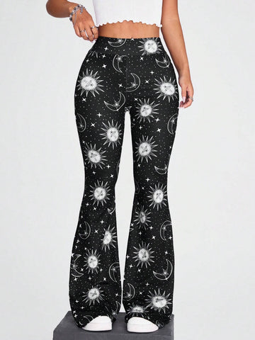 Coolane Sun & Moon Print Flare Leg Pants