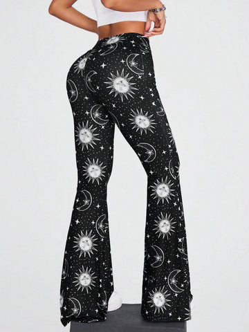Coolane Sun & Moon Print Flare Leg Pants