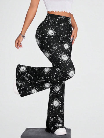 Coolane Sun & Moon Print Flare Leg Pants