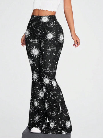 Coolane Sun & Moon Print Flare Leg Pants