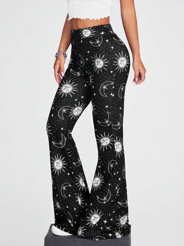 Coolane Sun & Moon Print Flare Leg Pants