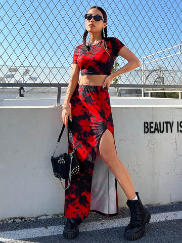 Tie Dye Crop Top & Slit Skirt Set